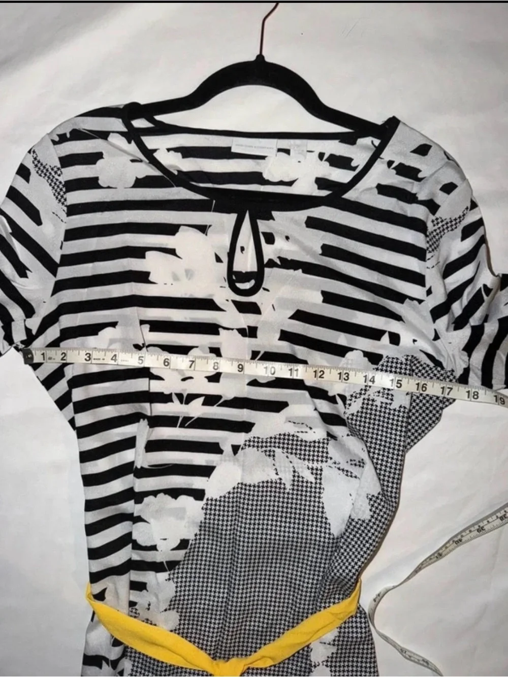 New York & Company Black, White & Yellow Striped Floral Tunic with Sash